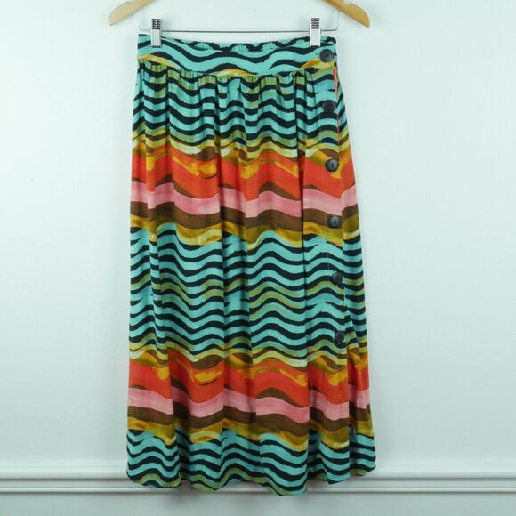 Anthropologie Small Midi Skirt Waves Multicolor Boho Coastal Quirky Maximalist - Picture 1 of 6
